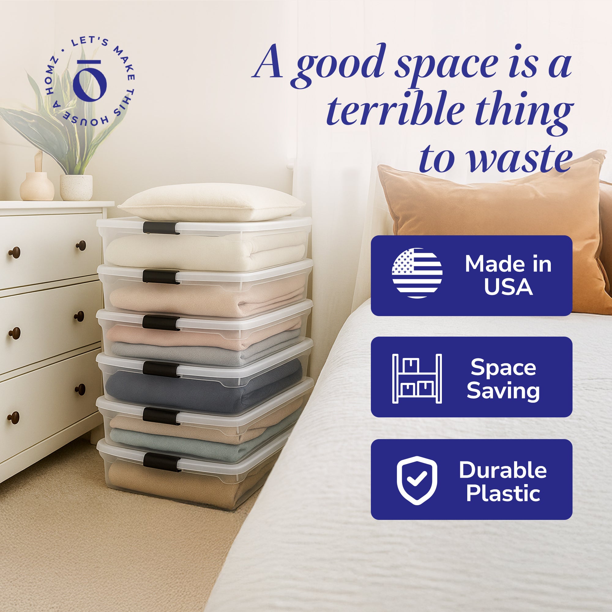 Homz 56 Qt Full/Queen Underbed Clear Plastic Latching Storage Container, 6 Pack