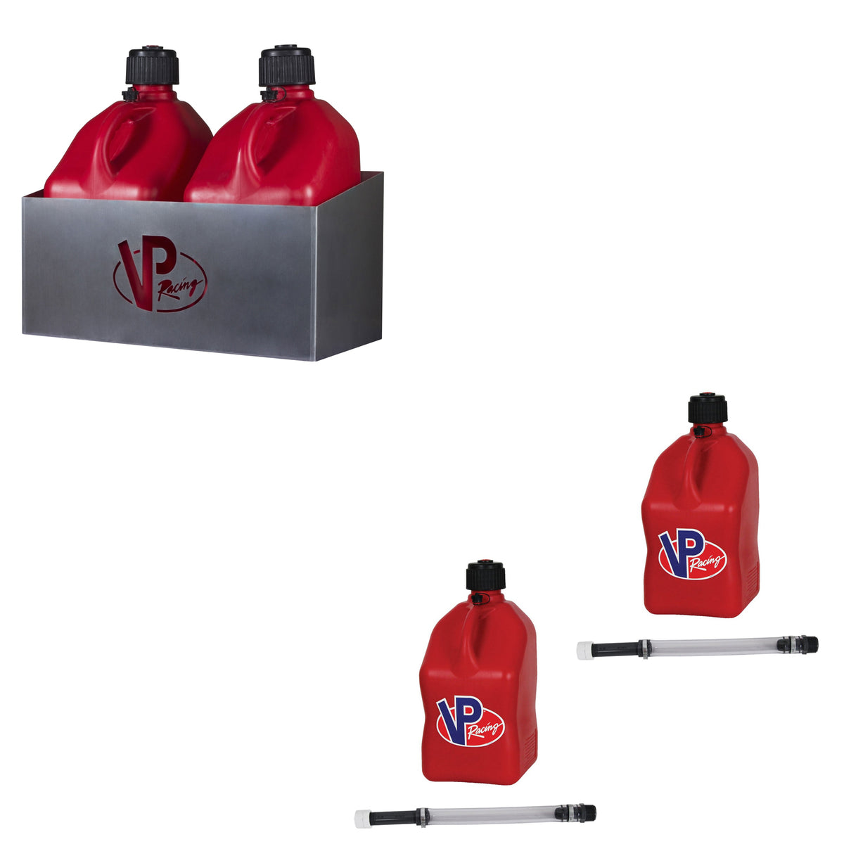 VP Racing Fuels 2 Jug Storage Rack and 5.5 Gal Motorsport Liquid Jug & Hose 2 Pack