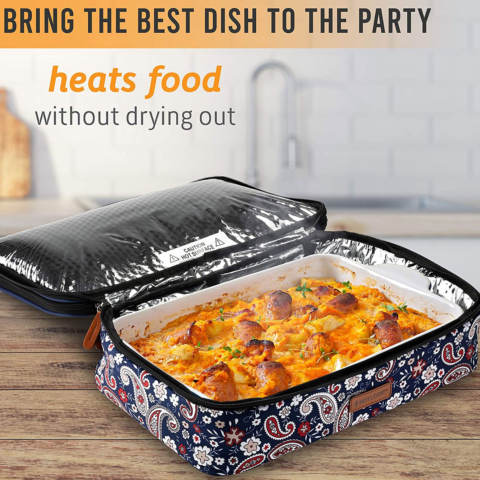 HotLogic Food Warming Lunch & Casserole Tote Carrier, Blue Paisley (Open Box) - VMInnovations