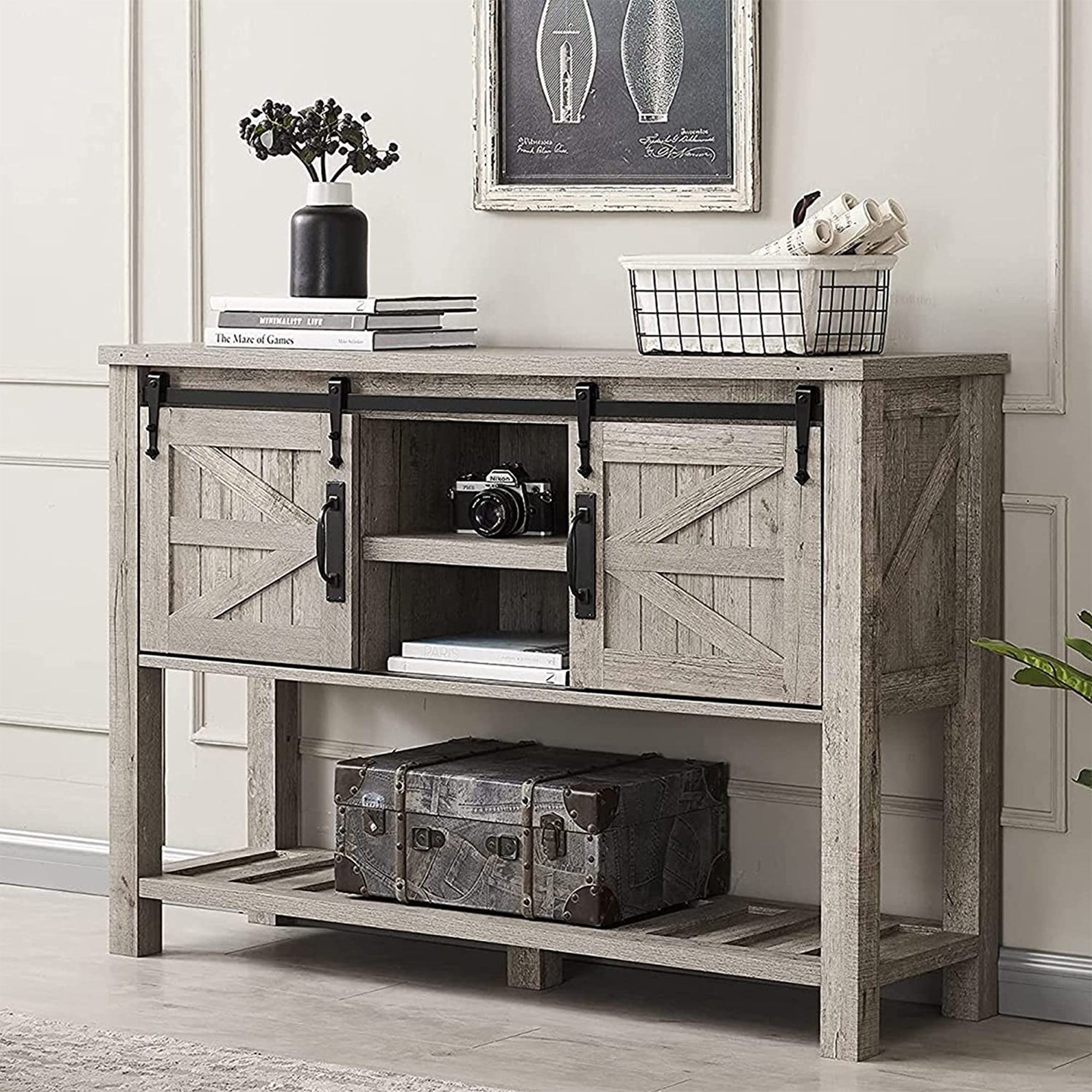 Farmhouse Console Entryway Table with Sliding Barn Doors, Light Rustic Oak(Used) - VMInnovations