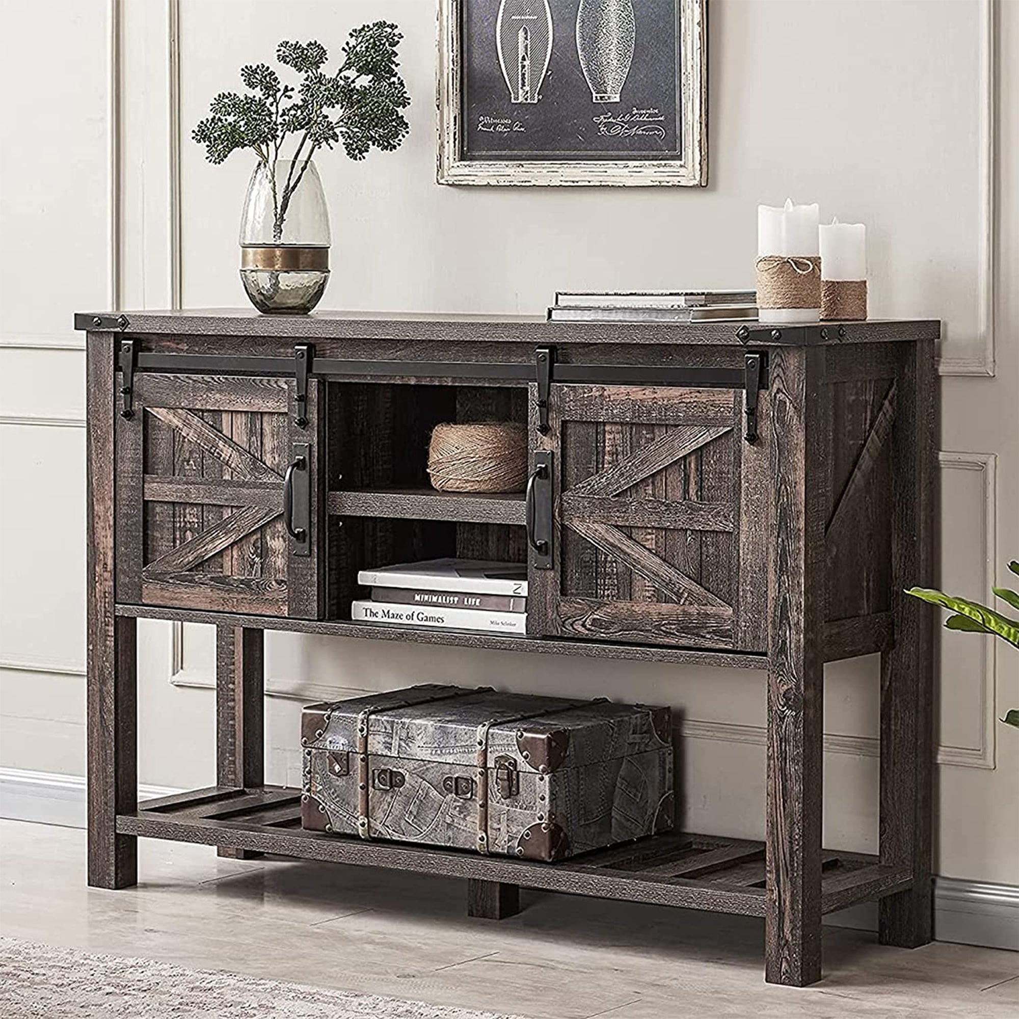 OKD Farmhouse Console Entryway Table w/ Sliding Barn Doors, Rustic Oak (Used) - VMInnovations