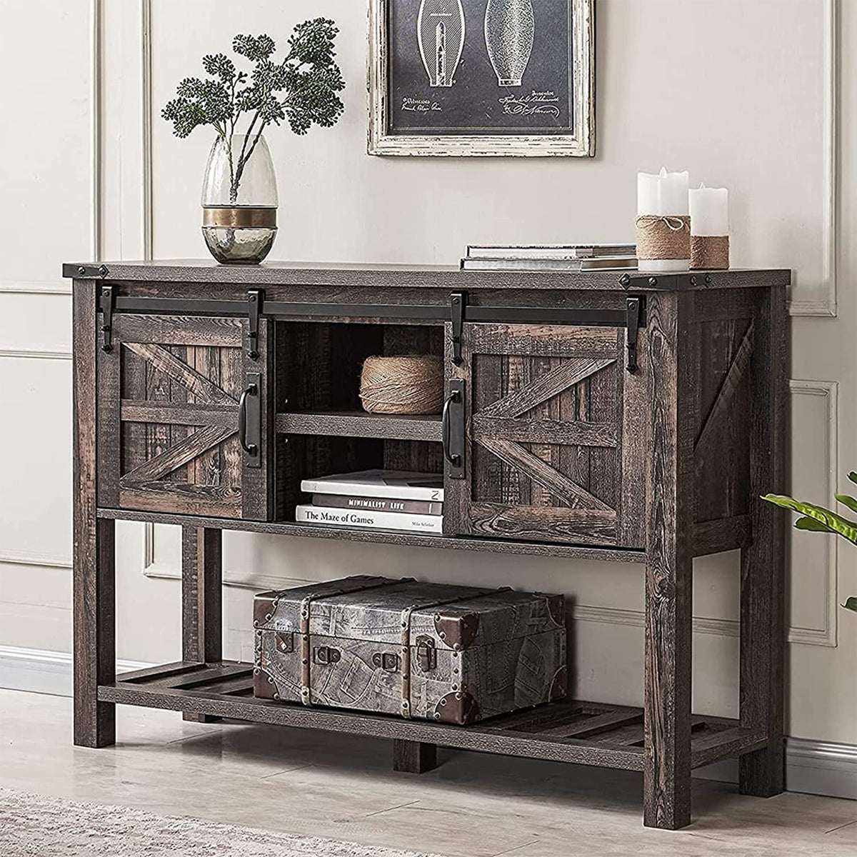 Farmhouse Console Entryway Table w/ Sliding Barn Doors, Rustic Oak (For Parts) - VMInnovations