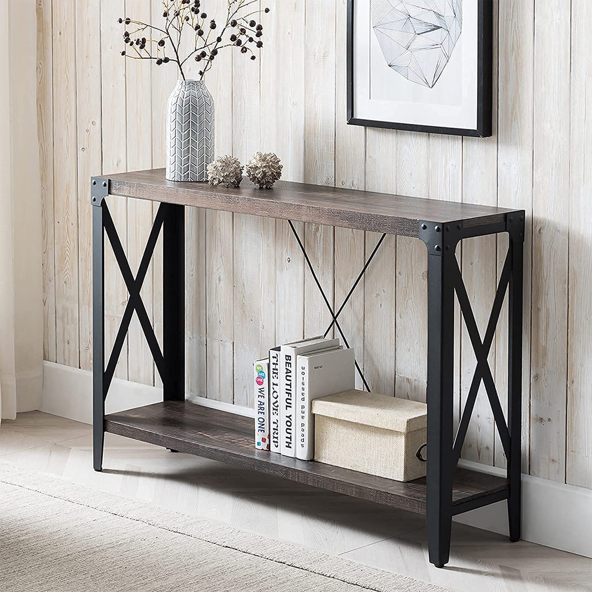 46 in. 2-Tier Console Accent Table, Dark Rustic Oak (Open Box) - VMInnovations
