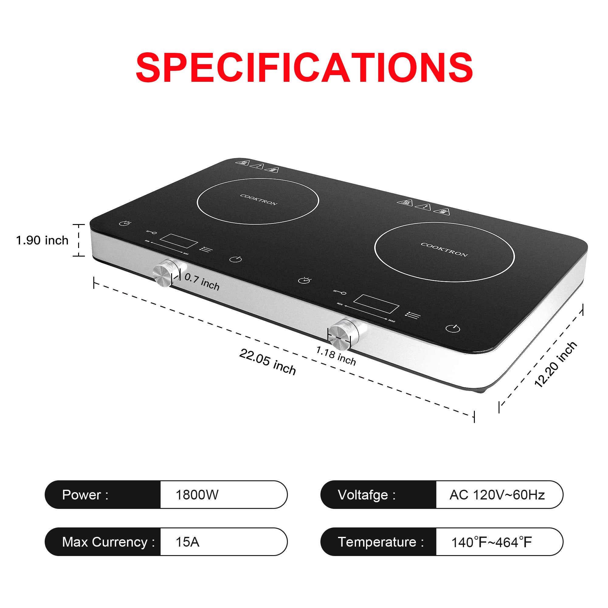 1800W 120V Portable Double Burner Electric Induction Cooktop w/Knobs (Used) - VMInnovations