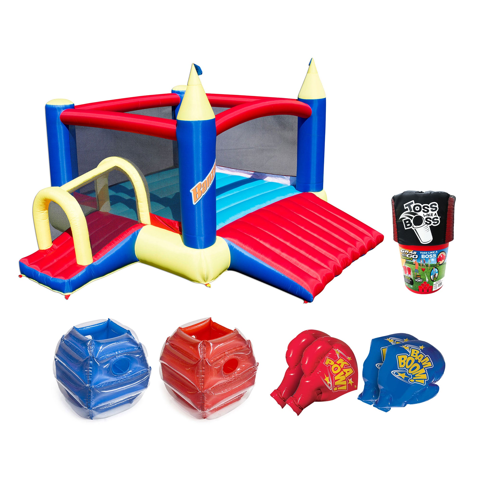 Banzai Slide N Fun Slide and Bounce House w/ Battle Bop Combo and Pong Lawn Game - VMInnovations