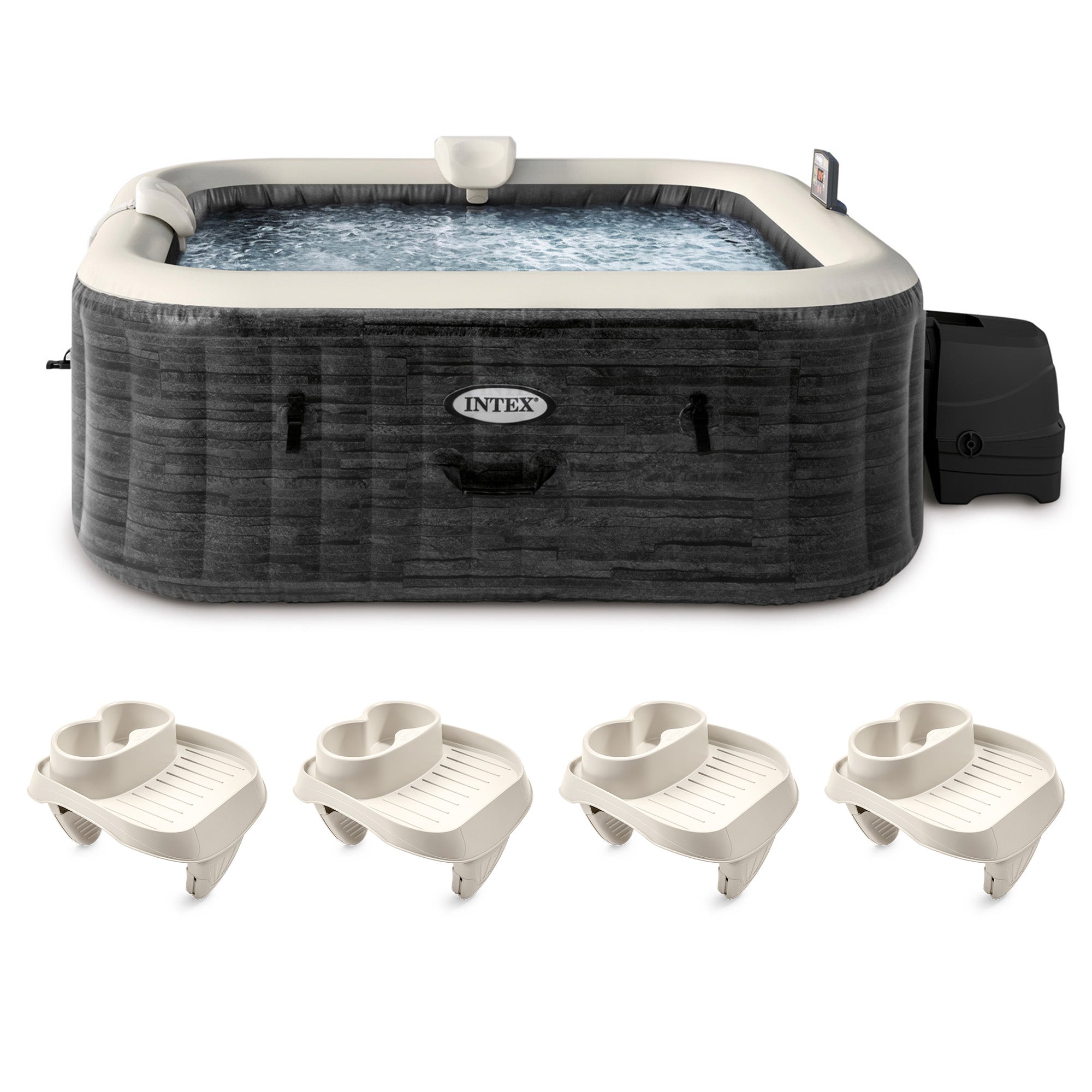 Intex PureSpa Plus Inflatable Square Spa & Attachable Snack Tray, Tan (4 Pack) - VMInnovations