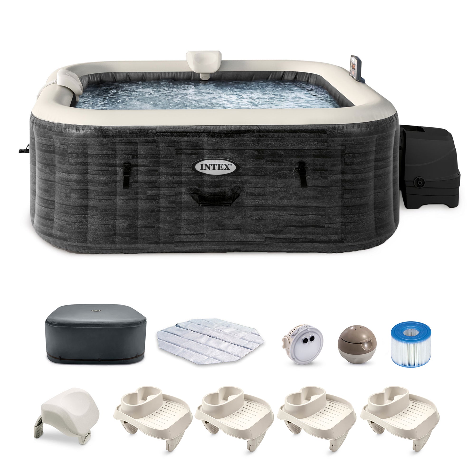 Intex PureSpa Plus Greystone Inflatable Hot Tub, 94 x 28", w/ Cup Holder 4-Pack - VMInnovations