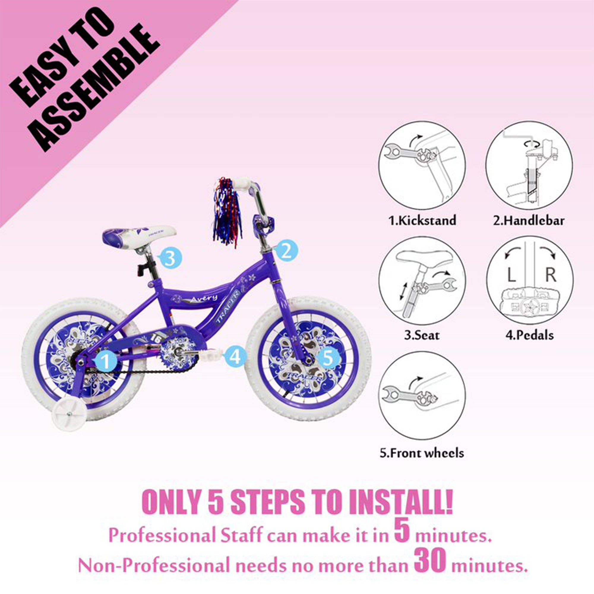 TRACER 16In Hi-Ten Steel Framed Kids Bike w/ Training Wheels, Purple (For Parts) - VMInnovations