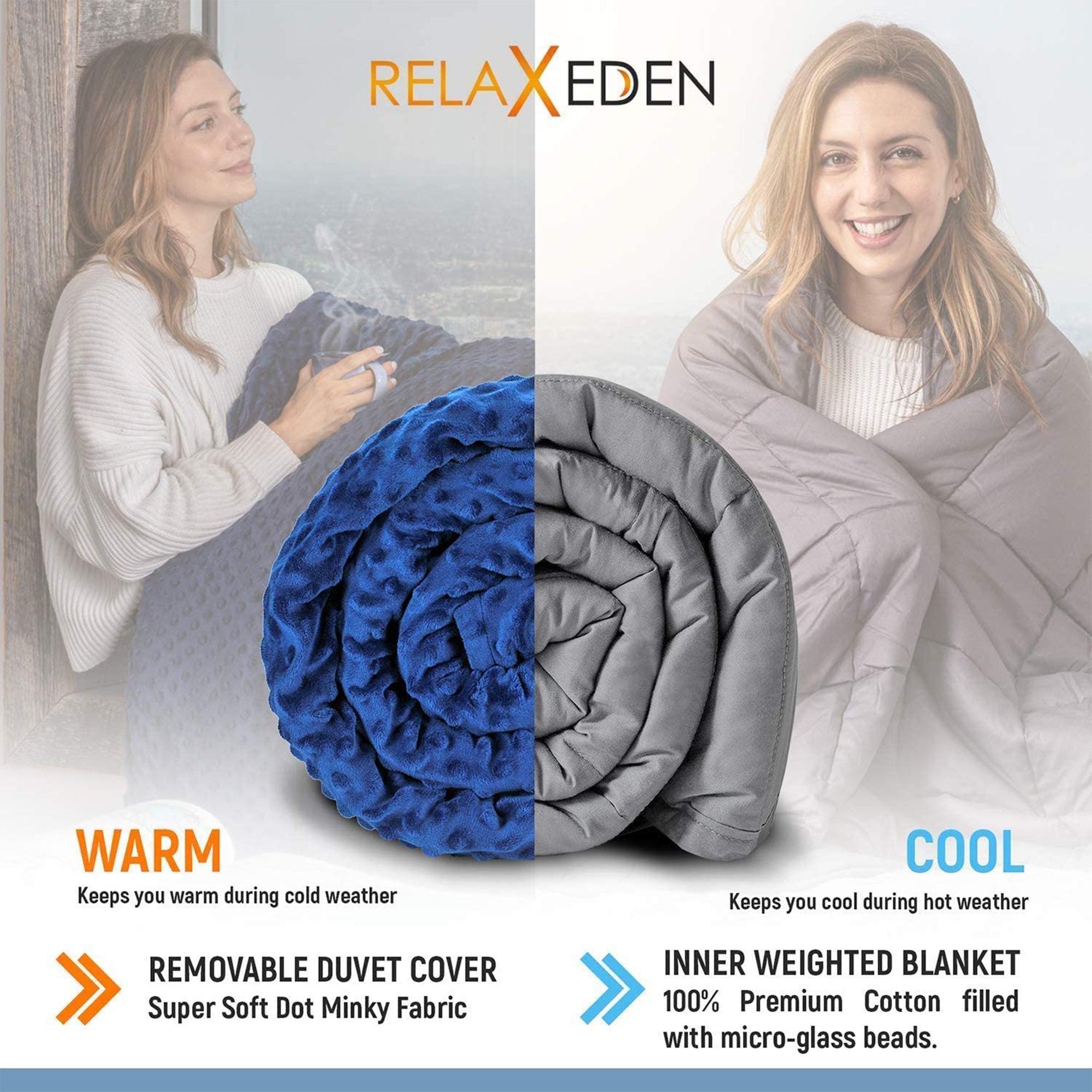 RELAX EDEN Adult Cotton Weighted Blanket w/ Navy Cover, 60 x 80 In, 20 Lb, Gray - VMInnovations