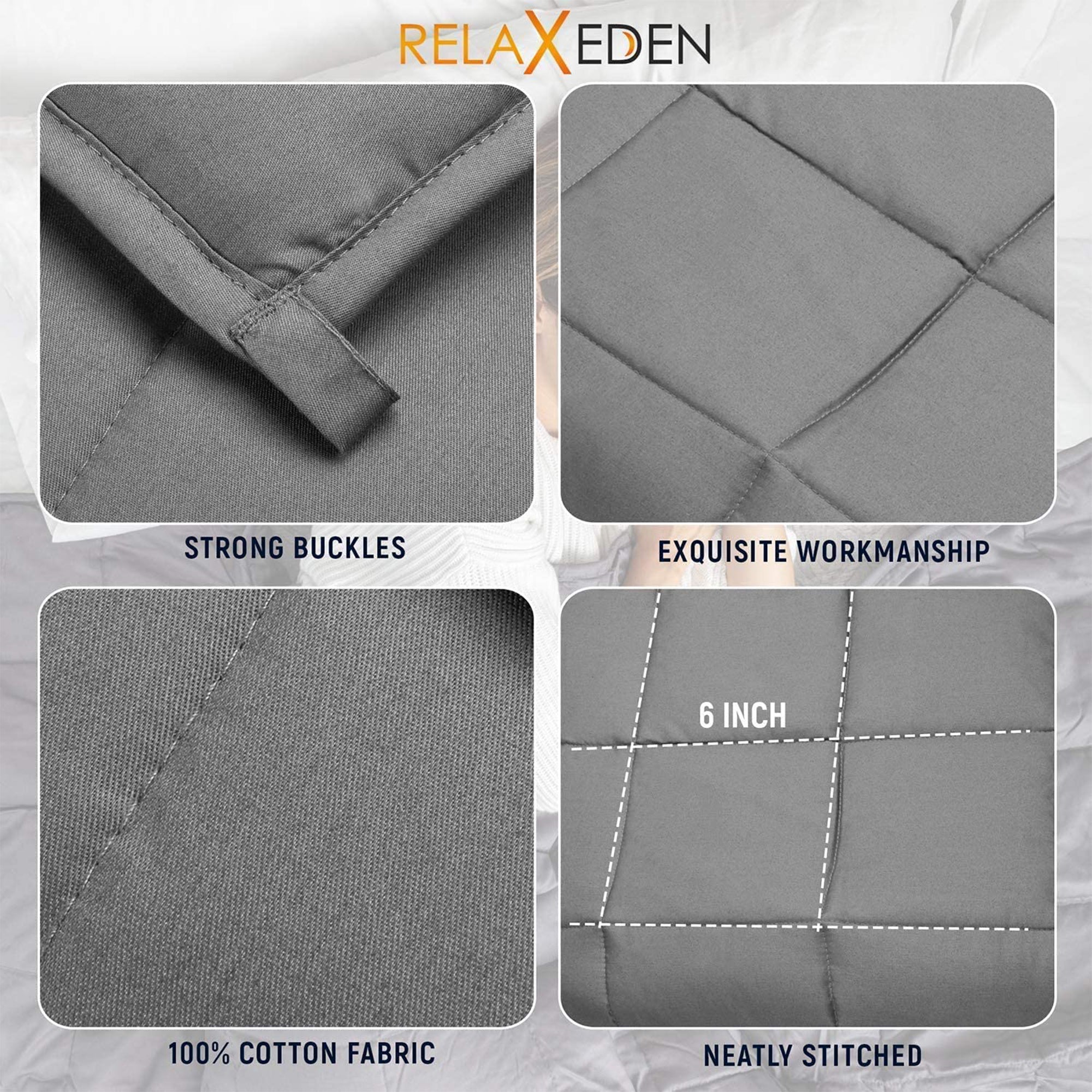 RELAX EDEN Adult Cotton Weighted Blanket w/ Navy Cover, 60 x 80 In, 15 Lb, Gray - VMInnovations