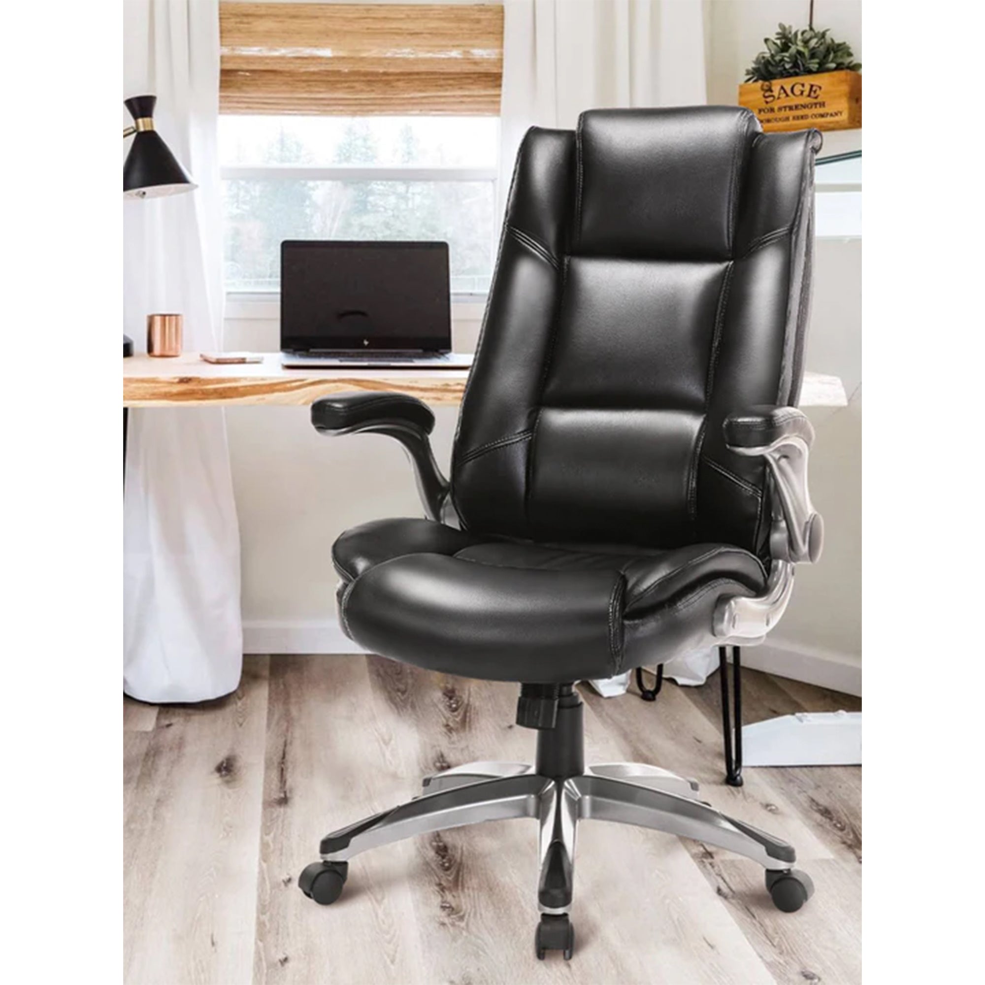 COLAMY High Back Leather Executive Office Chair w/ Flip Up Arms,Black (Open Box) - VMInnovations