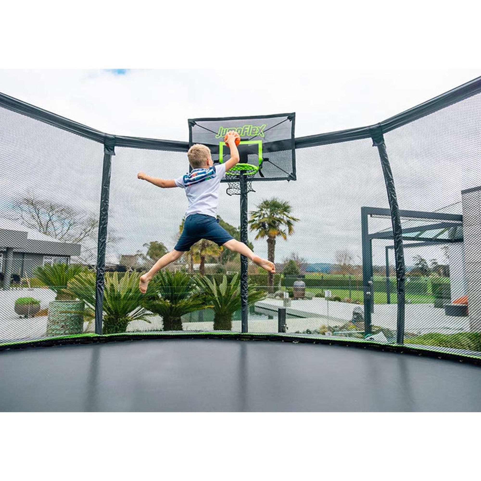 JumpFlex HERO 10' Trampoline w Basketball Hoop, Safety Enclosure, Net Attachment