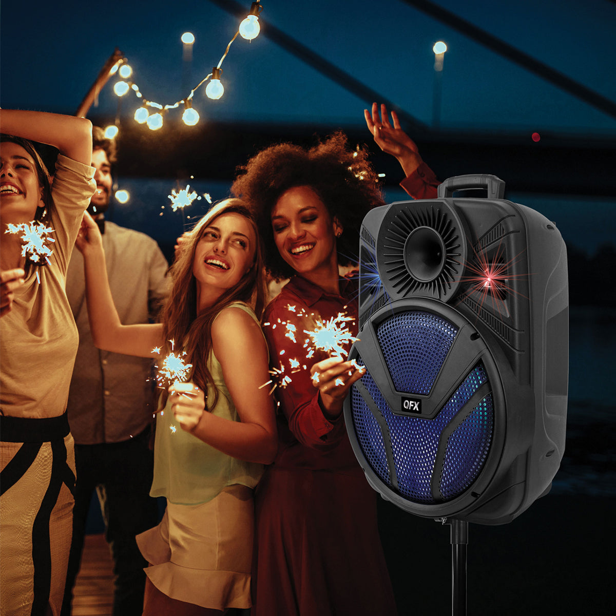 QFX 15 Inch Rechargeable Bluetooth Speaker System w/ LED Lights & Mics (4 Pack)