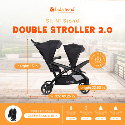 Baby Trend Sit N' Stand Double Stroller 2.0 DLX w/5 Point Safety Harness, Stormy
