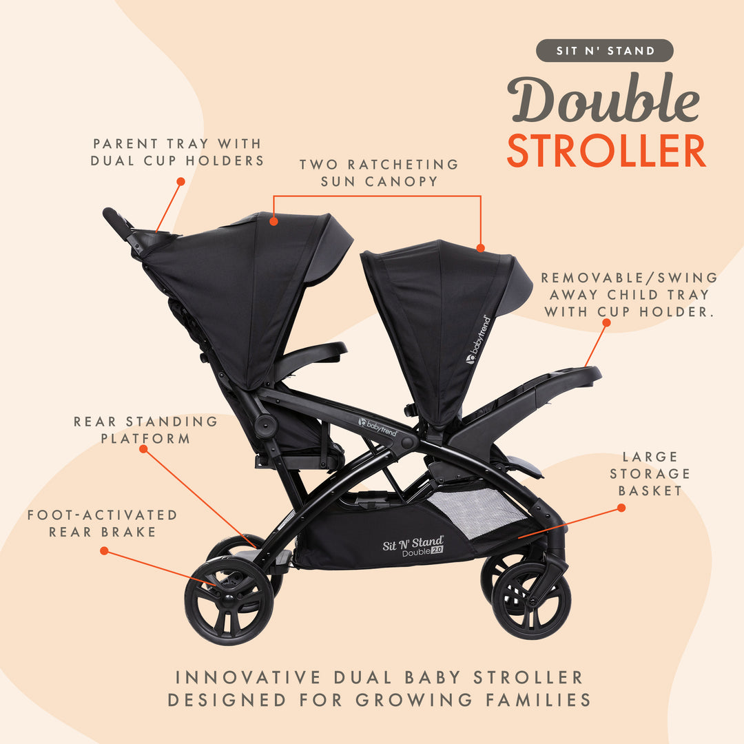 Baby Trend Sit N' Stand Double Stroller 2.0 DLX w/5 Point Safety Harness, Stormy - VMInnovations