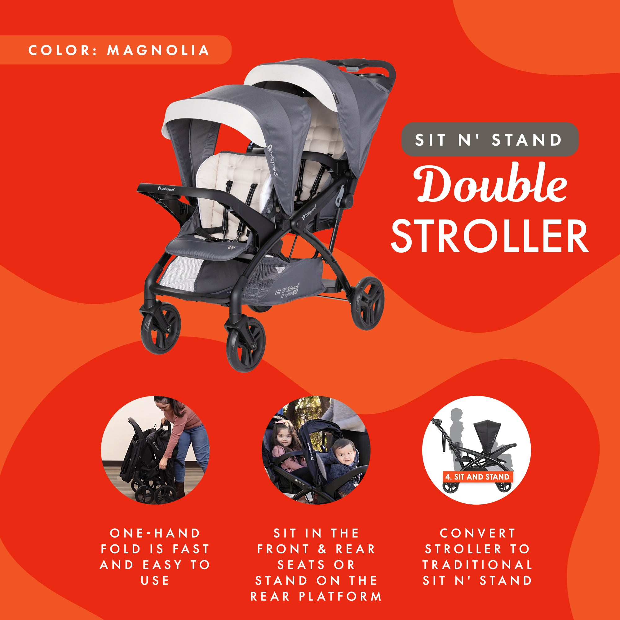 Baby Trend Sit N' Stand Double Stroller w/5 Point Harness, Magnolia (Open Box) - VMInnovations