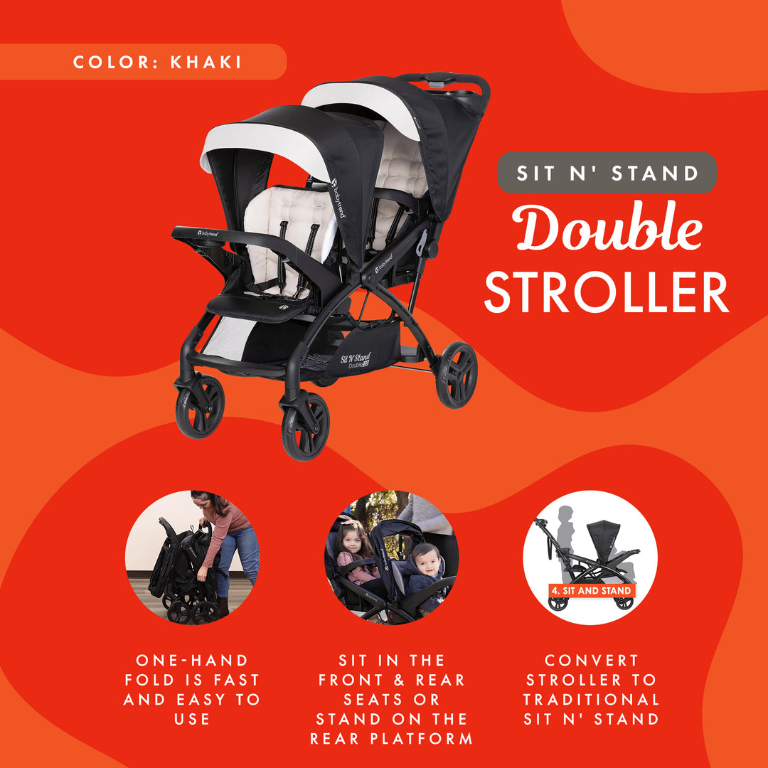 Baby Trend Sit N' Stand Double Stroller 2.0 DLX w/5 Point Harness, Modern Khaki - VMInnovations