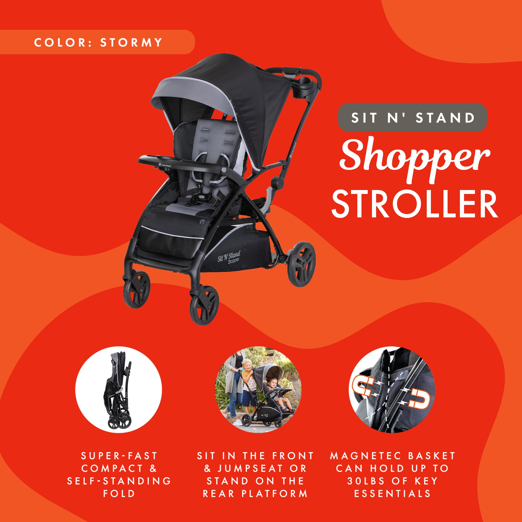Sit N' Stand 5 in 1 Shopper Stroller with Canopy and Basket, Stormy (Used) - VMInnovations
