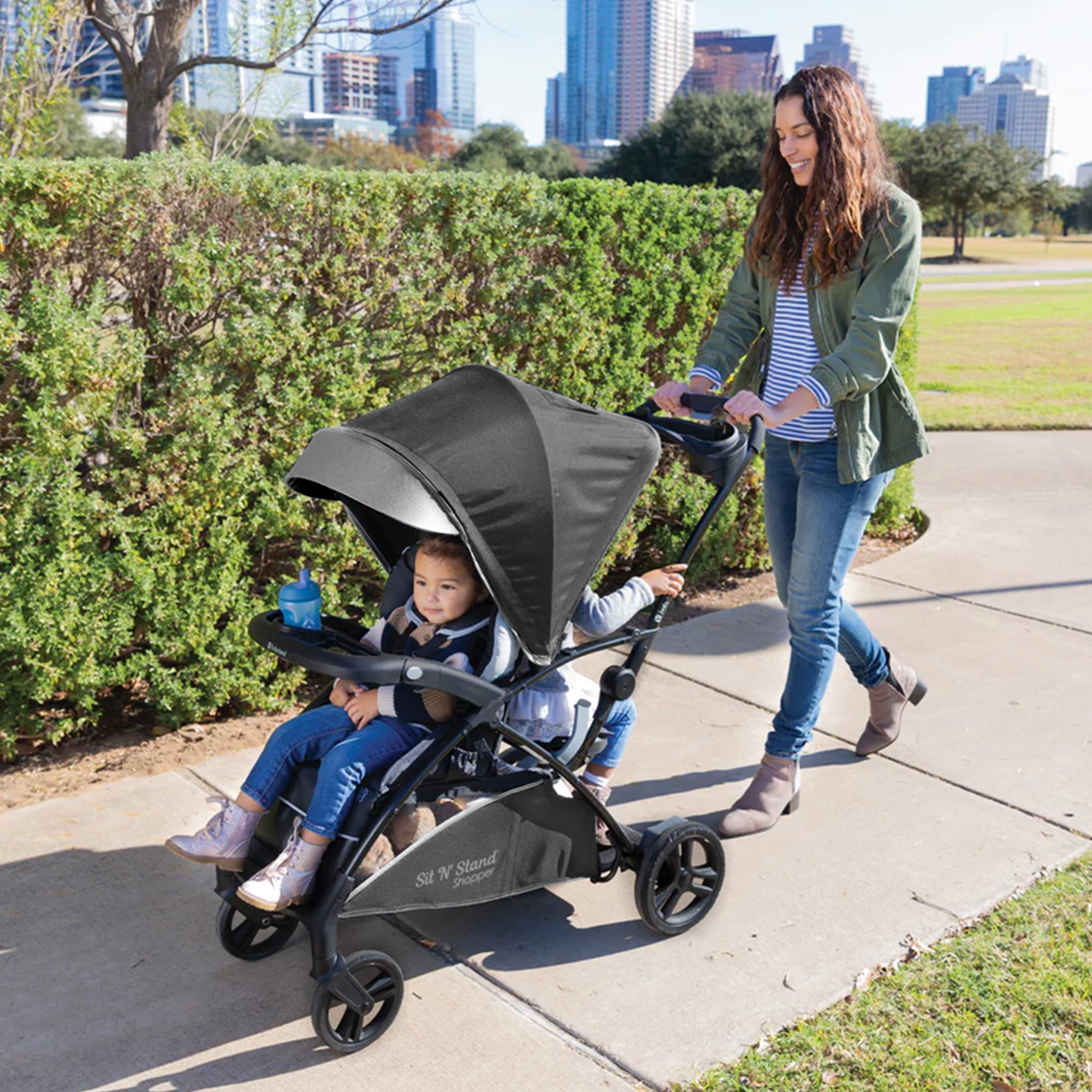 Sit N' Stand 5 in 1 Shopper Stroller with Canopy and Basket, Stormy (Used) - VMInnovations