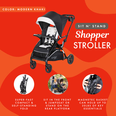 Sit N' Stand 5 in 1 Shopper Stroller w/Canopy & Basket, Modern Khaki (Open Box)