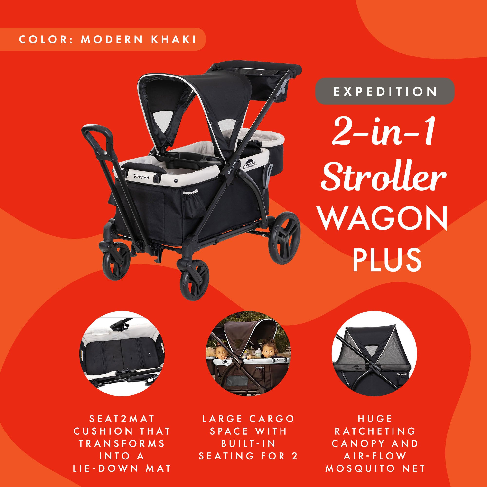 Expedition 2-in-1 Stroller Wagon PLUS w/Canopy & Basket, Modern Khaki (Open Box) - VMInnovations