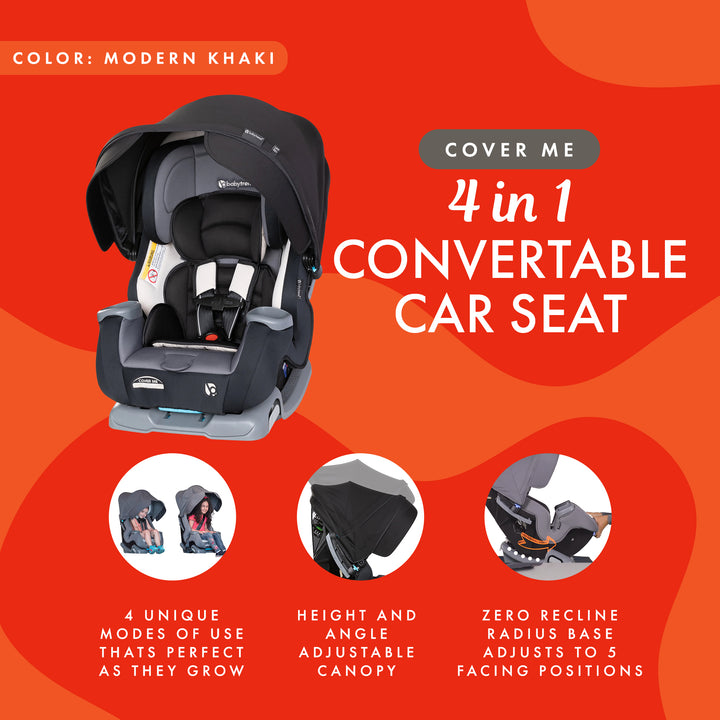 Baby Trend Cover Me 4 in 1 Convertible Car Seat with Adjustable Canopy, Black - VMInnovations