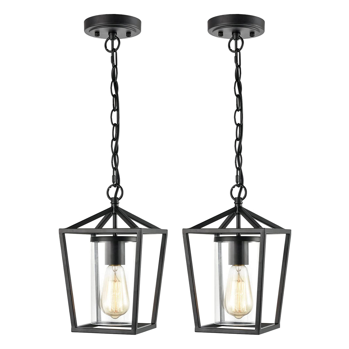 JEENKAE Modern Farmhouse Hanging Kitchen Lantern Lamp with Chain, Black (2 Pack)