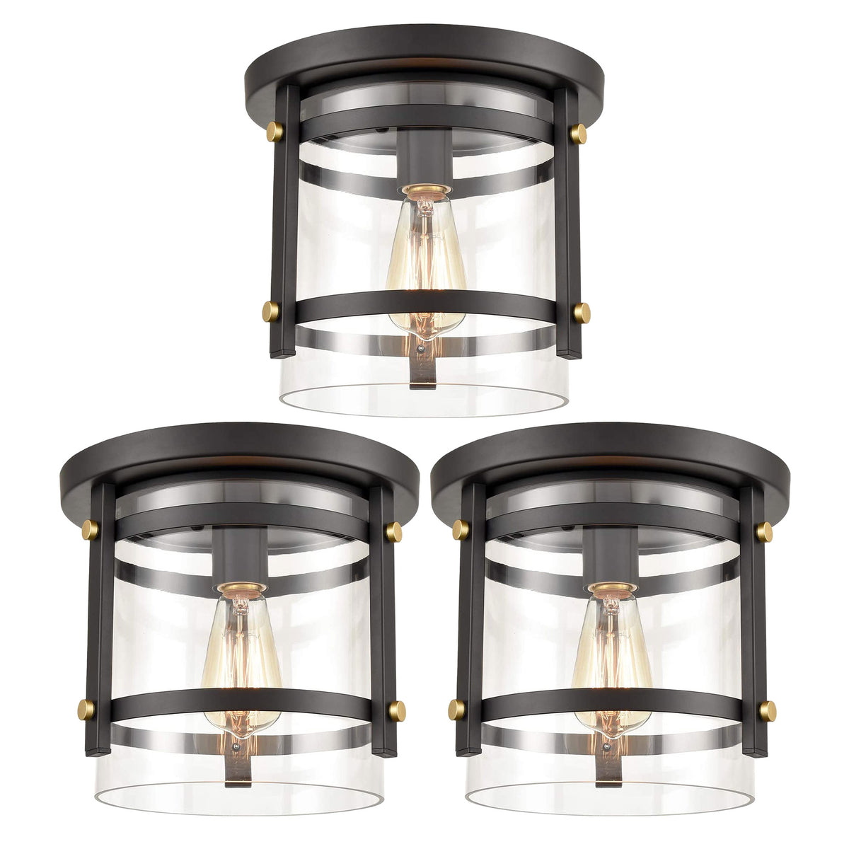 HYDELITE Industrial Flush Mount LED Ceiling Light Fixture w/ Glass, Black (3 Pk)