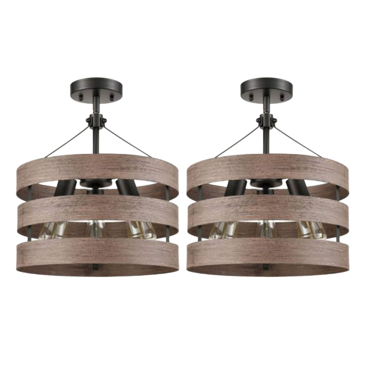 HOLKIRT Modern Farmhouse Metal Drum Hanging Kitchen Pendant, Wood Grain (2 Pack)