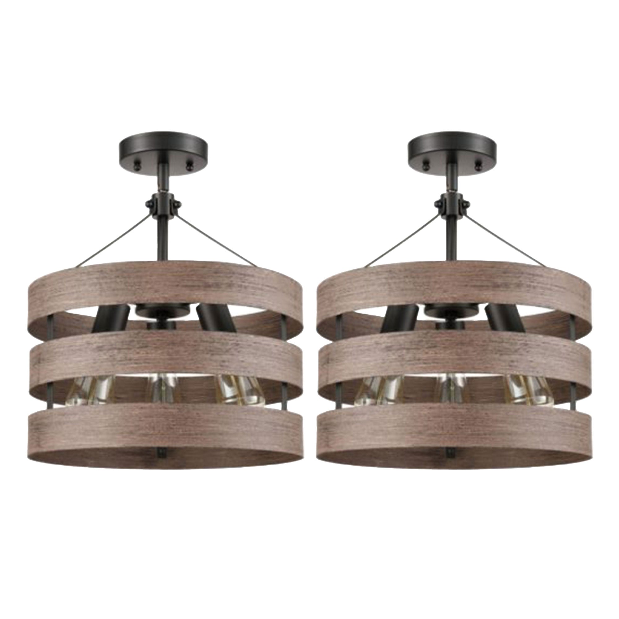 HOLKIRT Modern Farmhouse Metal Drum Hanging Kitchen Pendant, Wood Grain (2 Pack) - VMInnovations