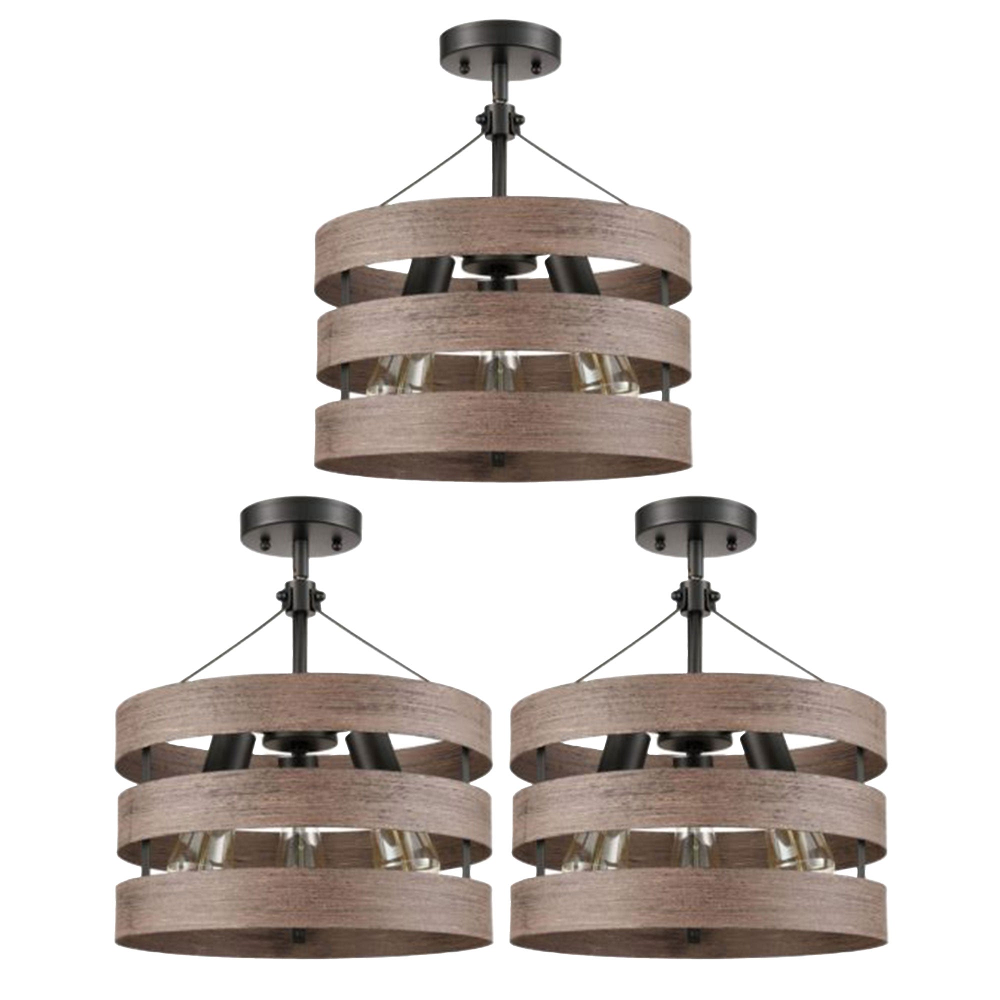 HOLKIRT Modern Farmhouse Metal Drum Hanging Kitchen Pendant, Wood Grain (3 Pack) - VMInnovations