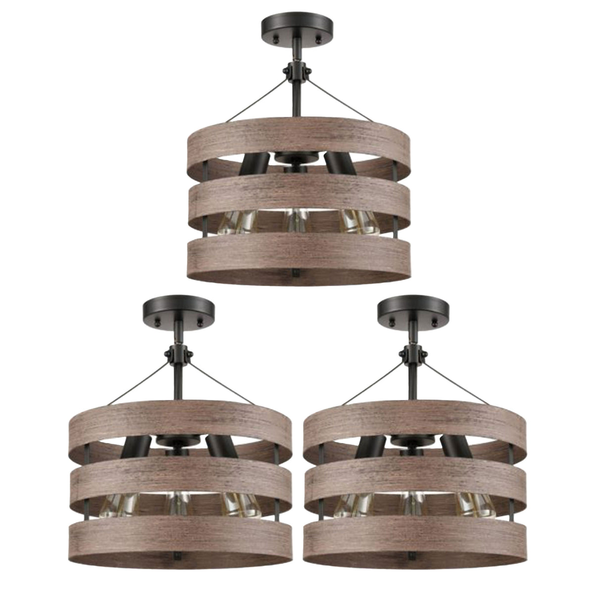 HOLKIRT Modern Farmhouse Metal Drum Hanging Kitchen Pendant, Wood Grain (3 Pack)
