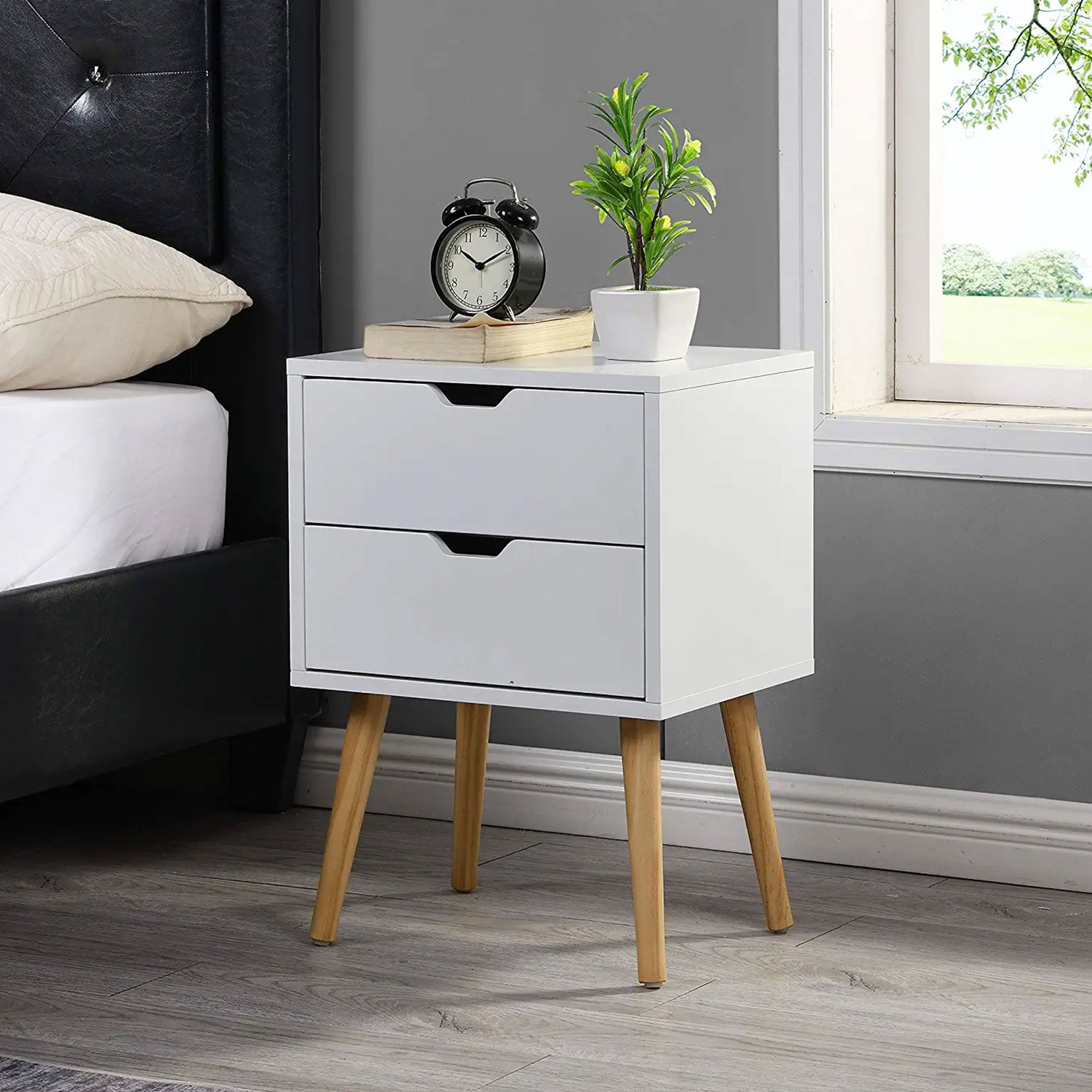 Modern Wooden Nightstand Table with 2 Storage Drawers, White, Set of 2 (Used) - VMInnovations