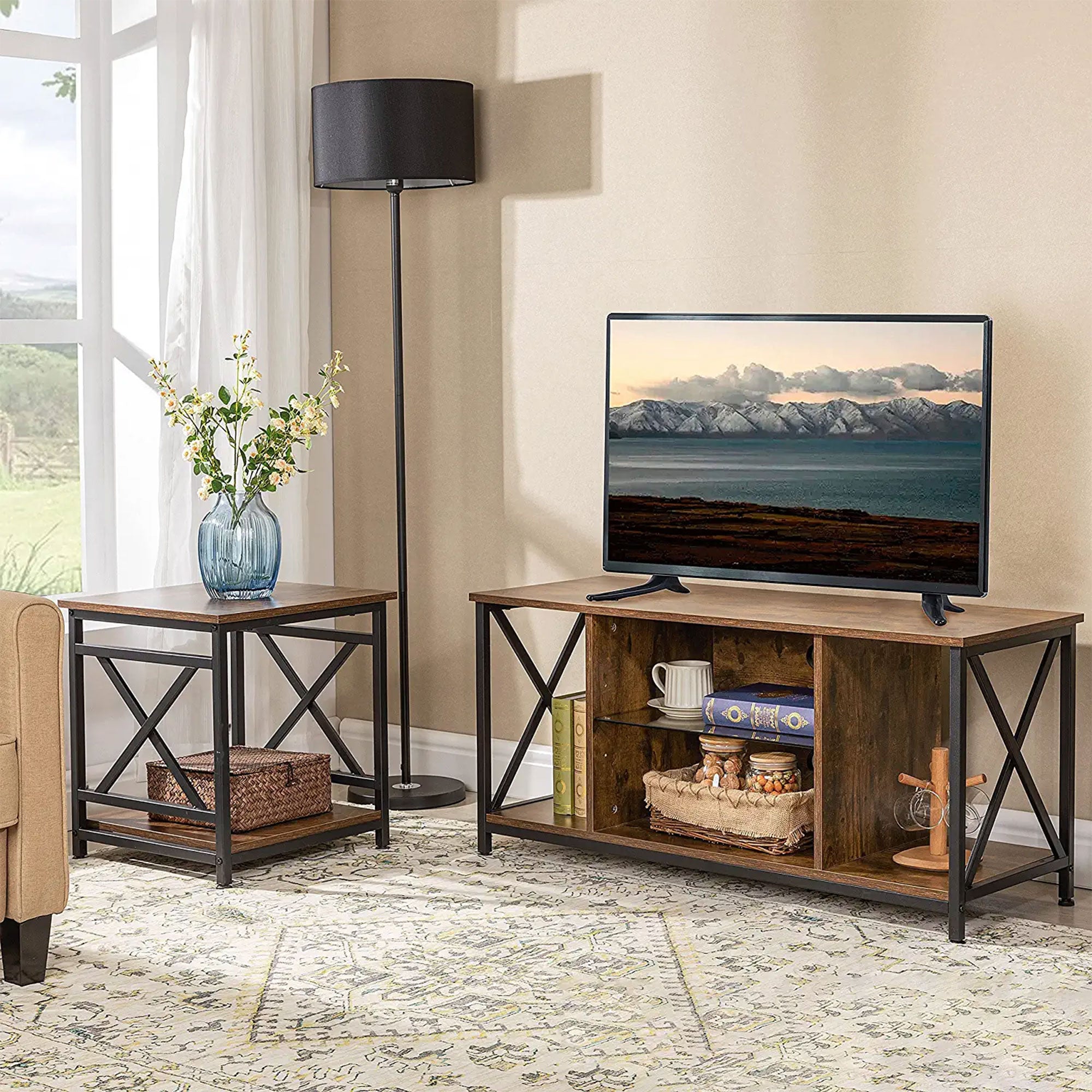 KSWIN Entertainment TV Stand for 50" TV w/LED Lights, Rustic Brown (For Parts) - VMInnovations
