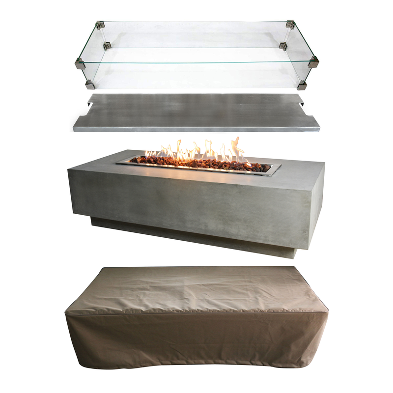 Elementi 60 Inch Propane Fire Pit Table + Steel Table Cover + Glass Wind Screen