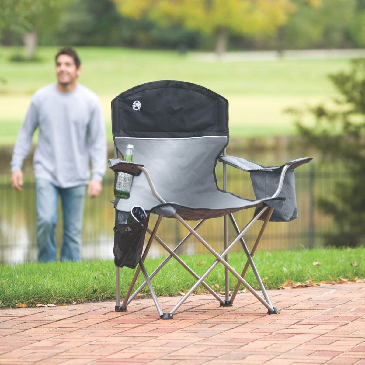 Coleman Oversized Quad Chair with Cooler and Cup Holder, Black/Gray (Open Box)