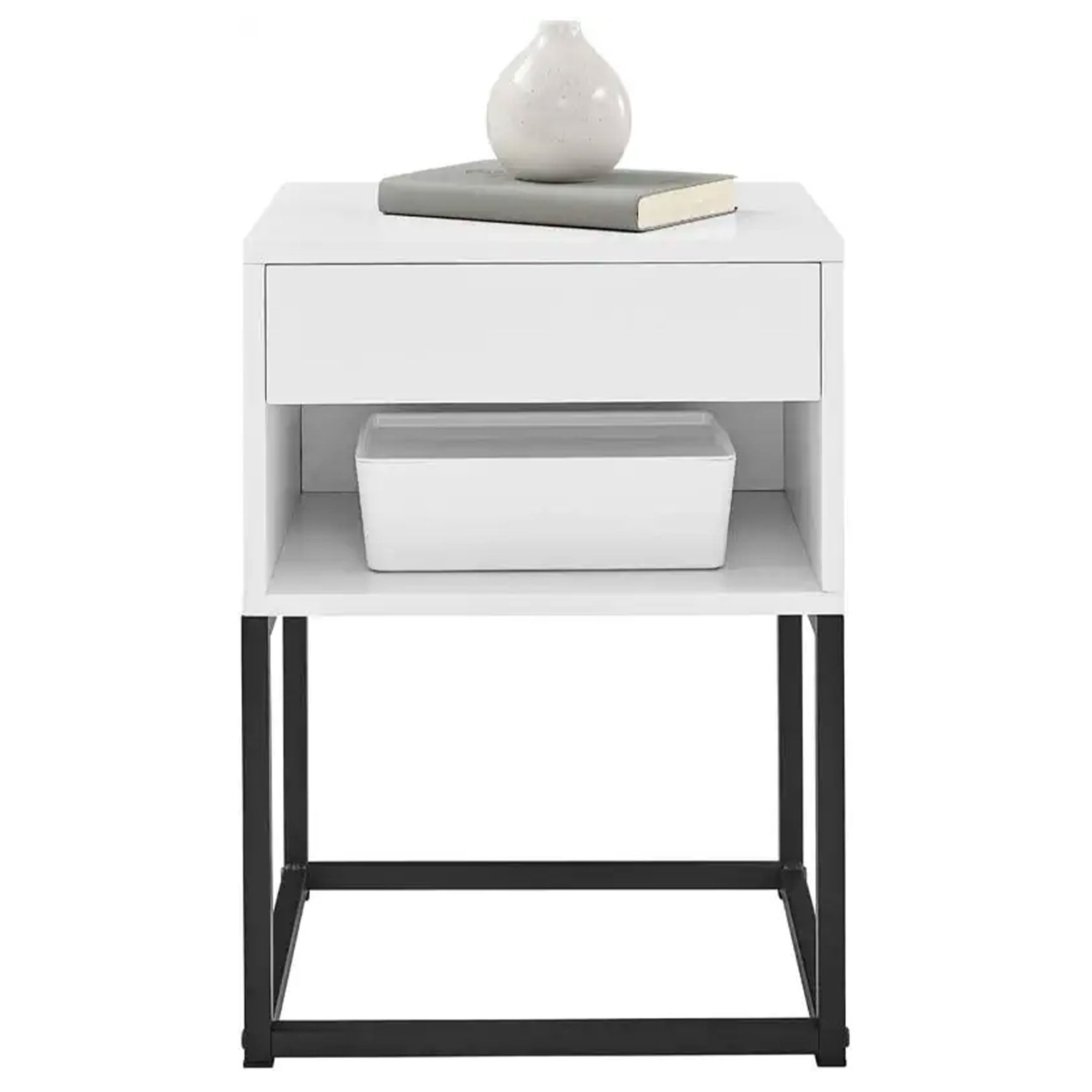 BIKAHOM Simple Modern End Table Nightstand w/ Drawer and Shelf, White (Used) - VMInnovations