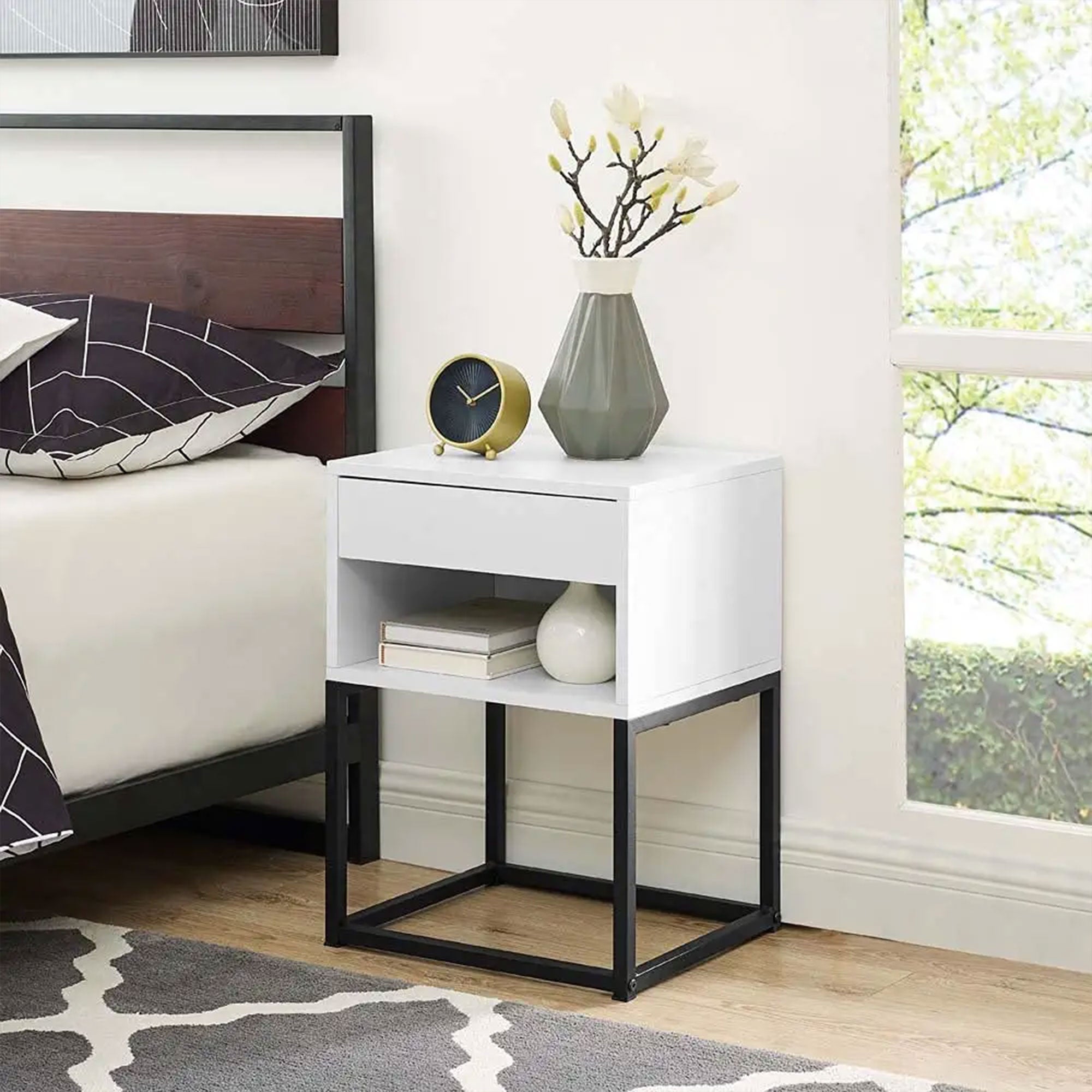 BIKAHOM Simple Modern End Table Nightstand w/ Drawer and Shelf, White (Used) - VMInnovations