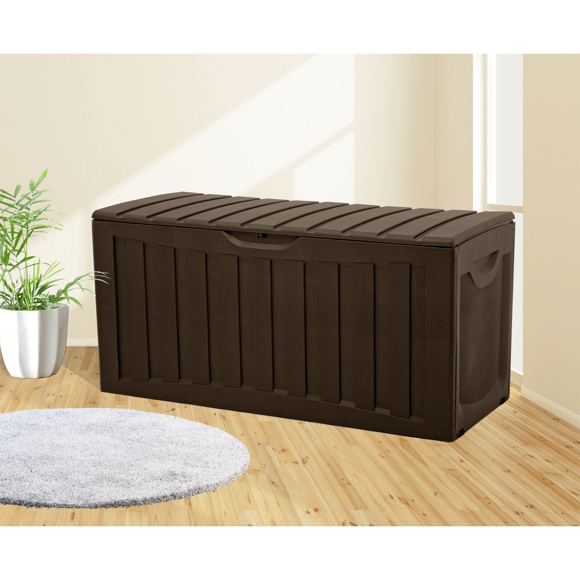 Plastic 90 Gal Outdoor Locking Storage Bin Deck Box, Brown (Used) - VMInnovations