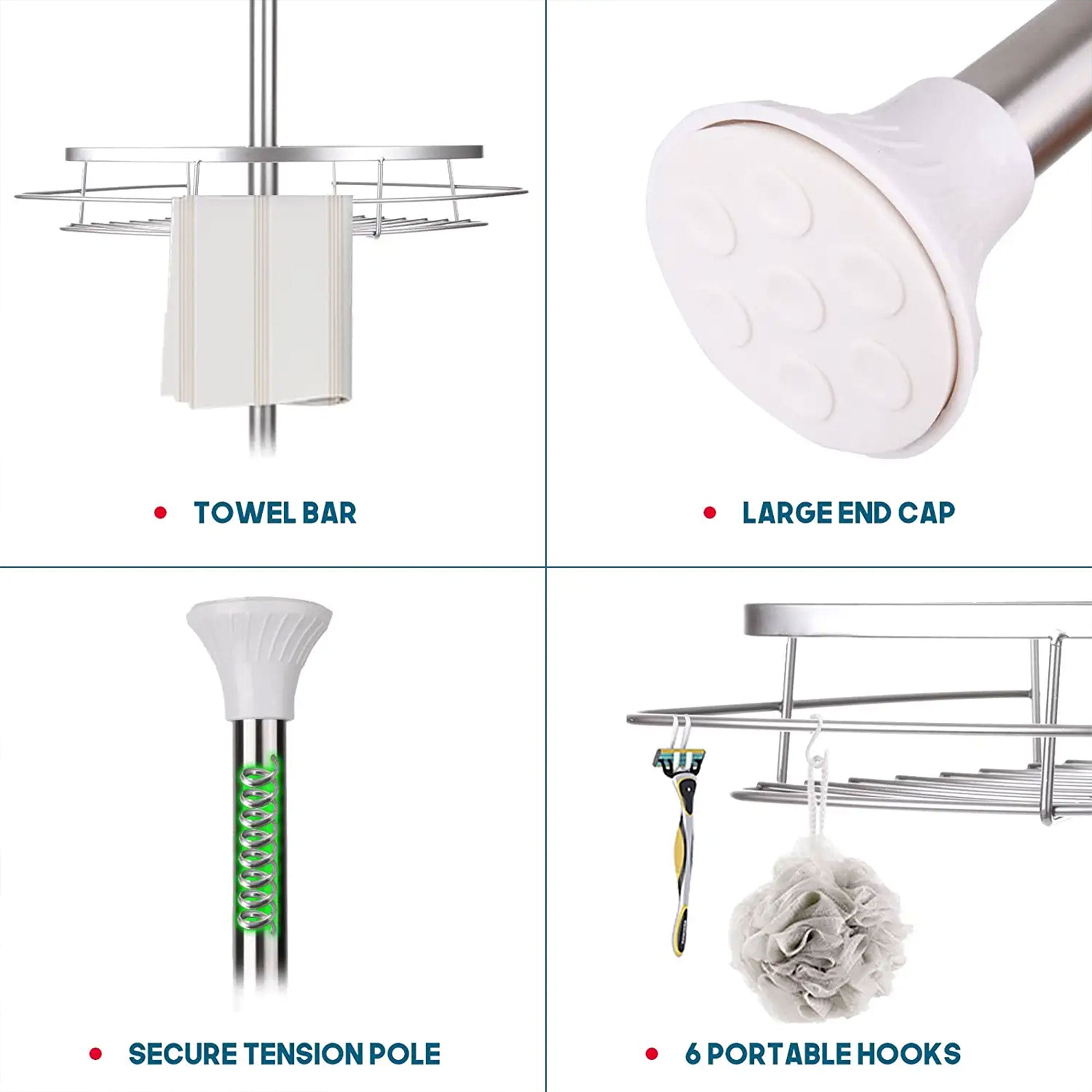 Adjustable Height Shower Caddy Tension Pole w/ 4 Big Baskets, 6 Hooks (Open Box) - VMInnovations
