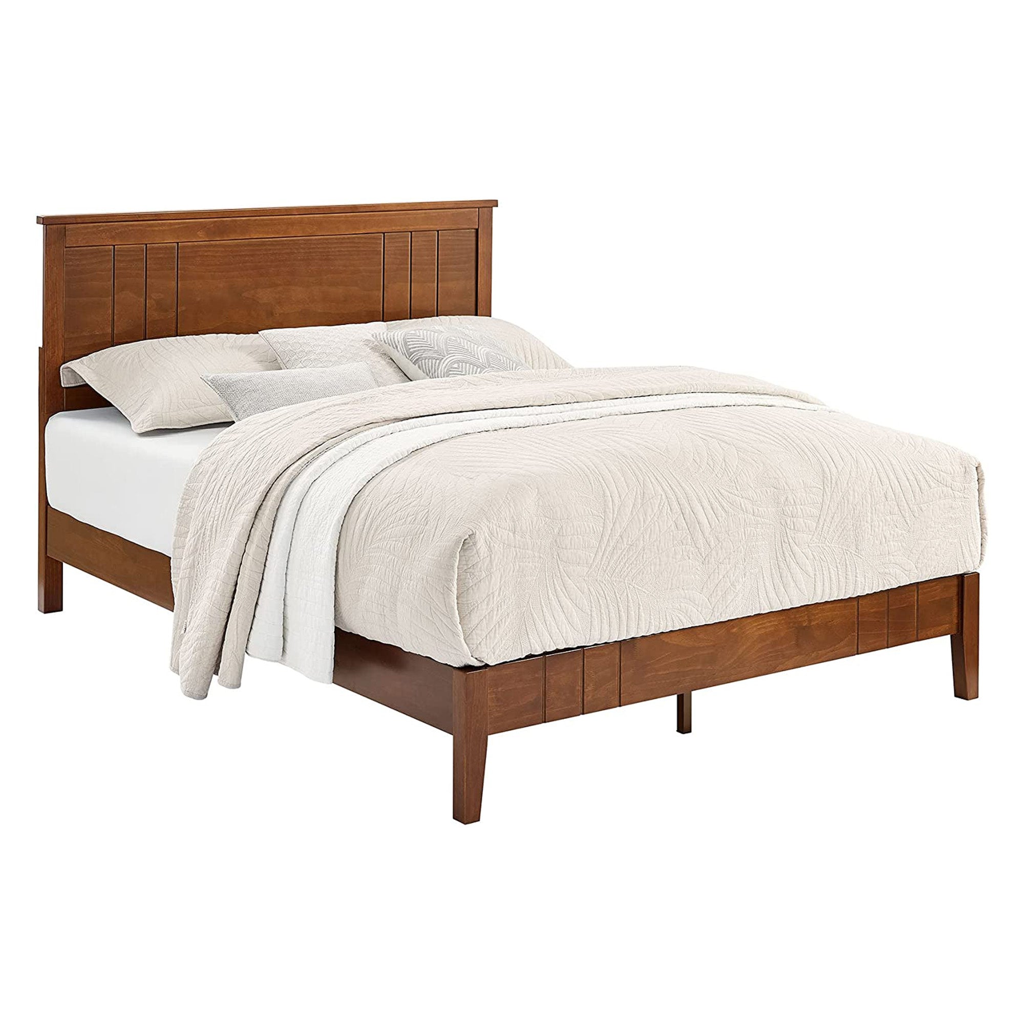 Mid Century Modern Solid Pinewood Platform Bed with Headboard, King (Used) - VMInnovations