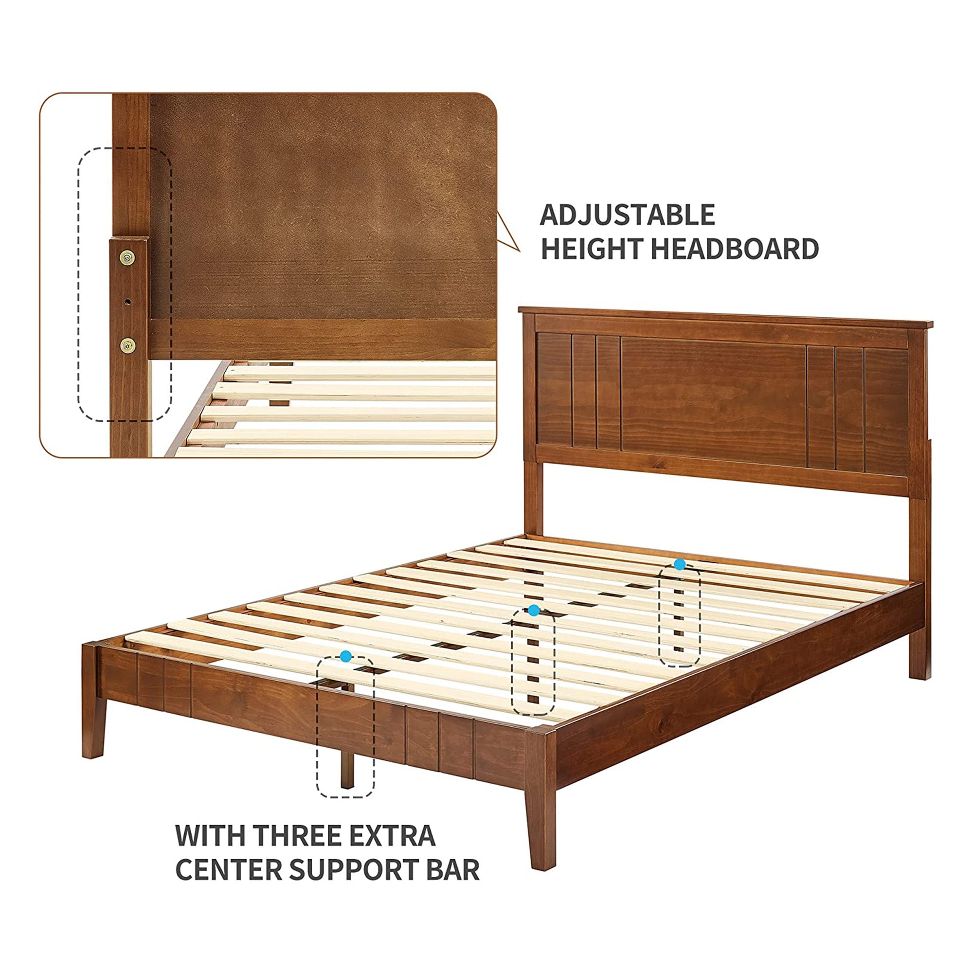 MUSEHOMEINC Mid Century Modern Solid Pinewood Platform Bed with Headboard, Queen - VMInnovations