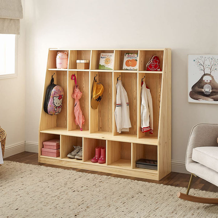MUSHOMEINC 5-Section Classroom Coat Locker and Backpack Cubicle, Natural Pine - VMInnovations