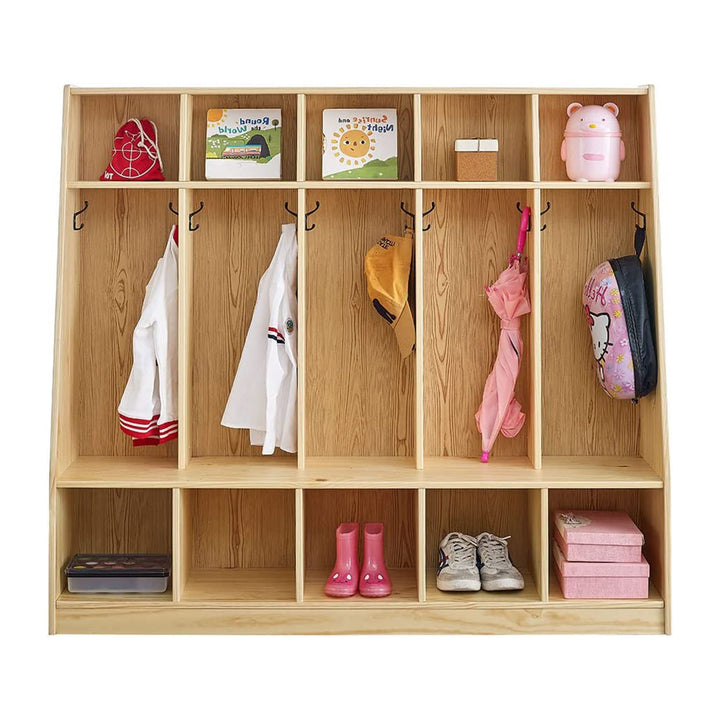 MUSHOMEINC 5-Section Classroom Coat Locker and Backpack Cubicle, Natural Pine - VMInnovations