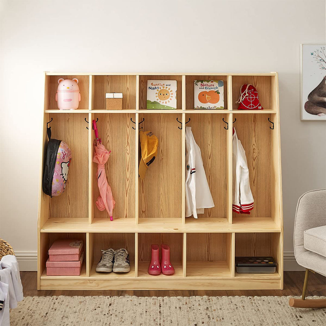 MUSHOMEINC 5-Section Classroom Coat Locker and Backpack Cubicle, Natural Pine - VMInnovations