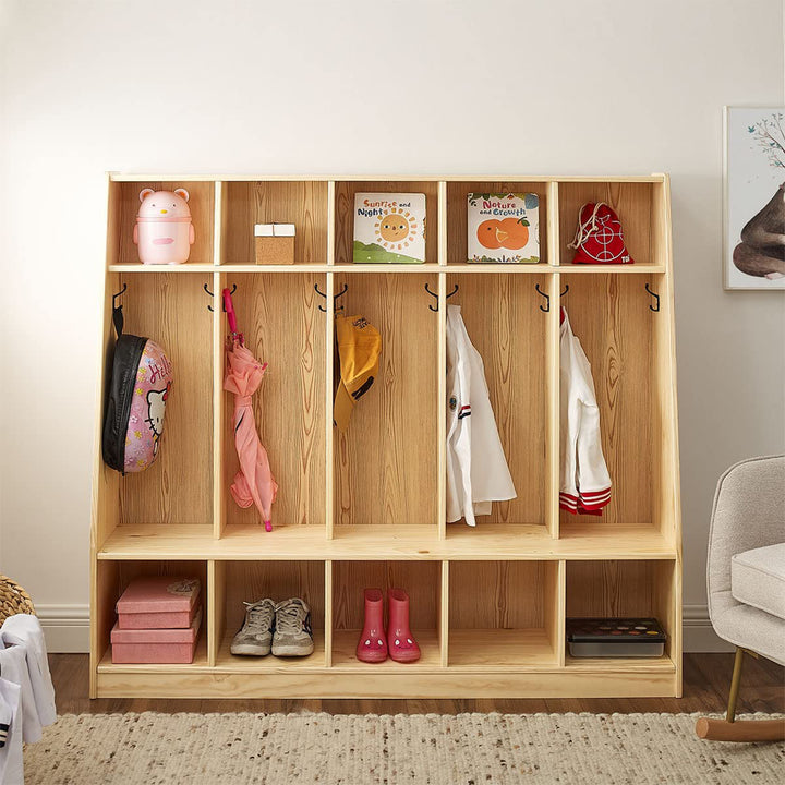 MUSHOMEINC 5-Section Classroom Coat Locker and Backpack Cubicle, Natural Pine - VMInnovations