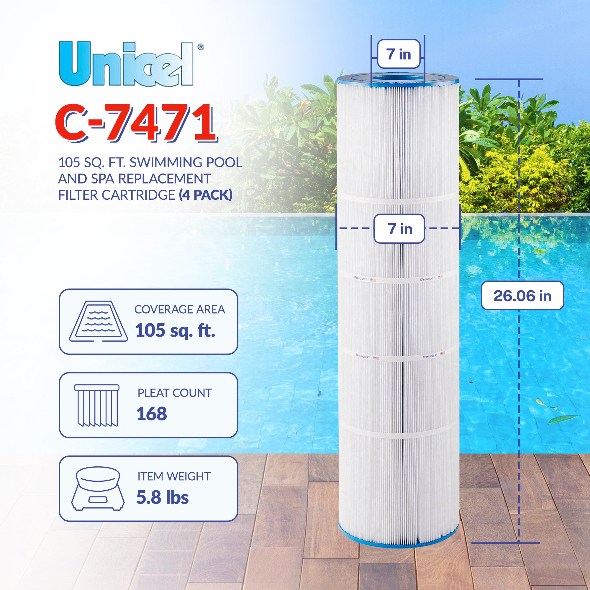 Unicel C-7471 Replacement 105 Sq Ft Pool Filter Cartridge, 168 Pleats (4 Pack)