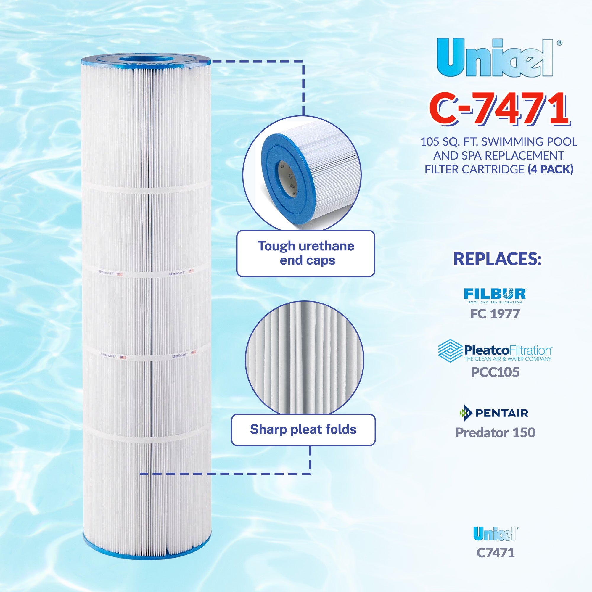 Unicel C-7471 Replacement 105 Sq Ft Pool Filter Cartridge, 168 Pleats (4 Pack)