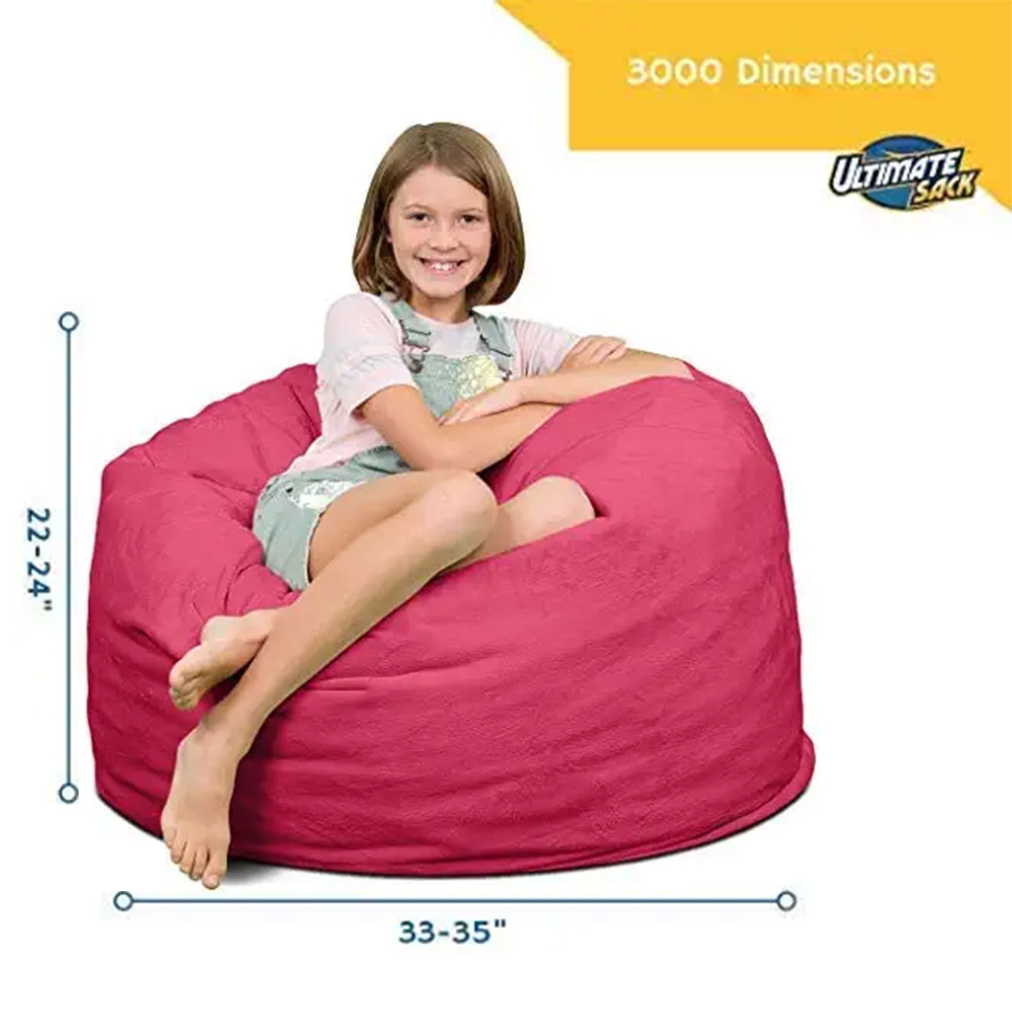 Ultimate Sack 3 Foot Foam Filled Washable Soft Fur Covered Bean Bag Chair, Pink