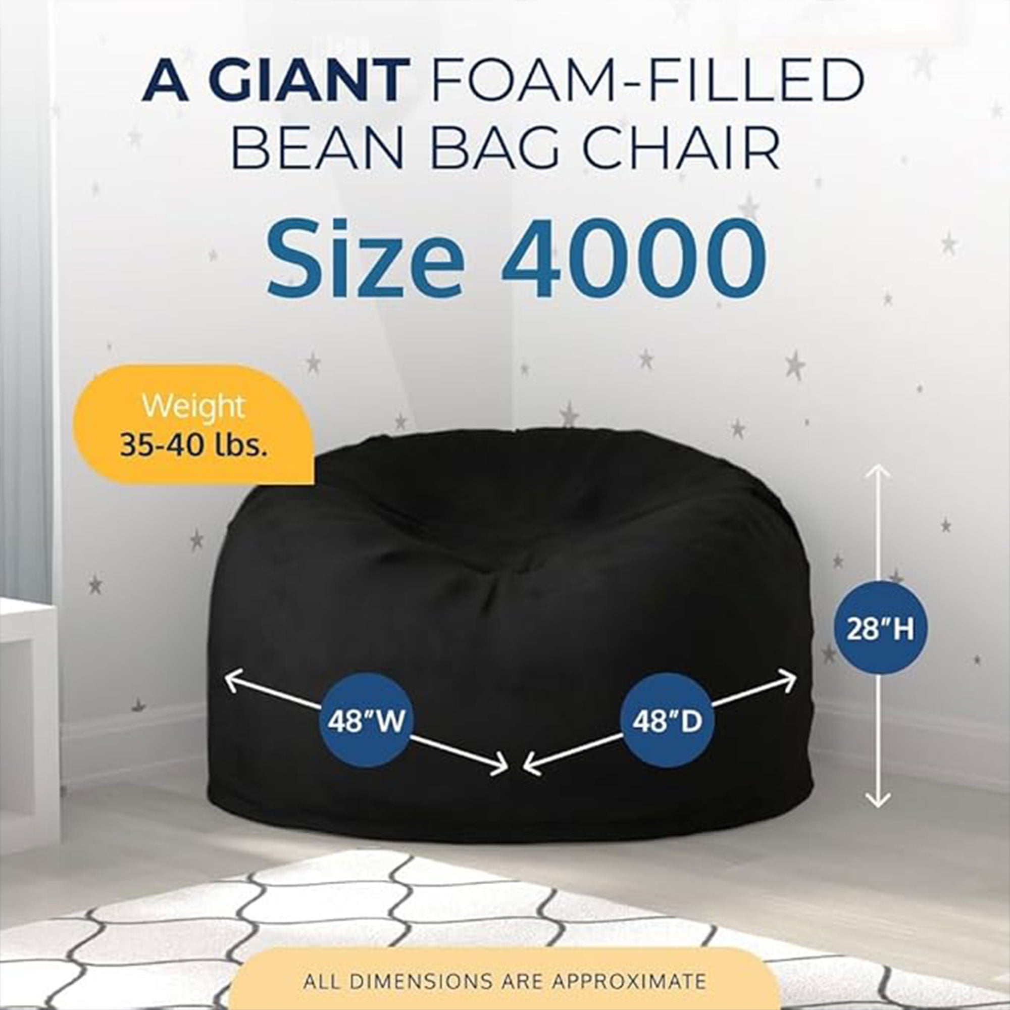 Ultimate Sack 4ft Bean Bag Chair, Oversized Indoor Comfy Lounger, Black Suede - VMInnovations